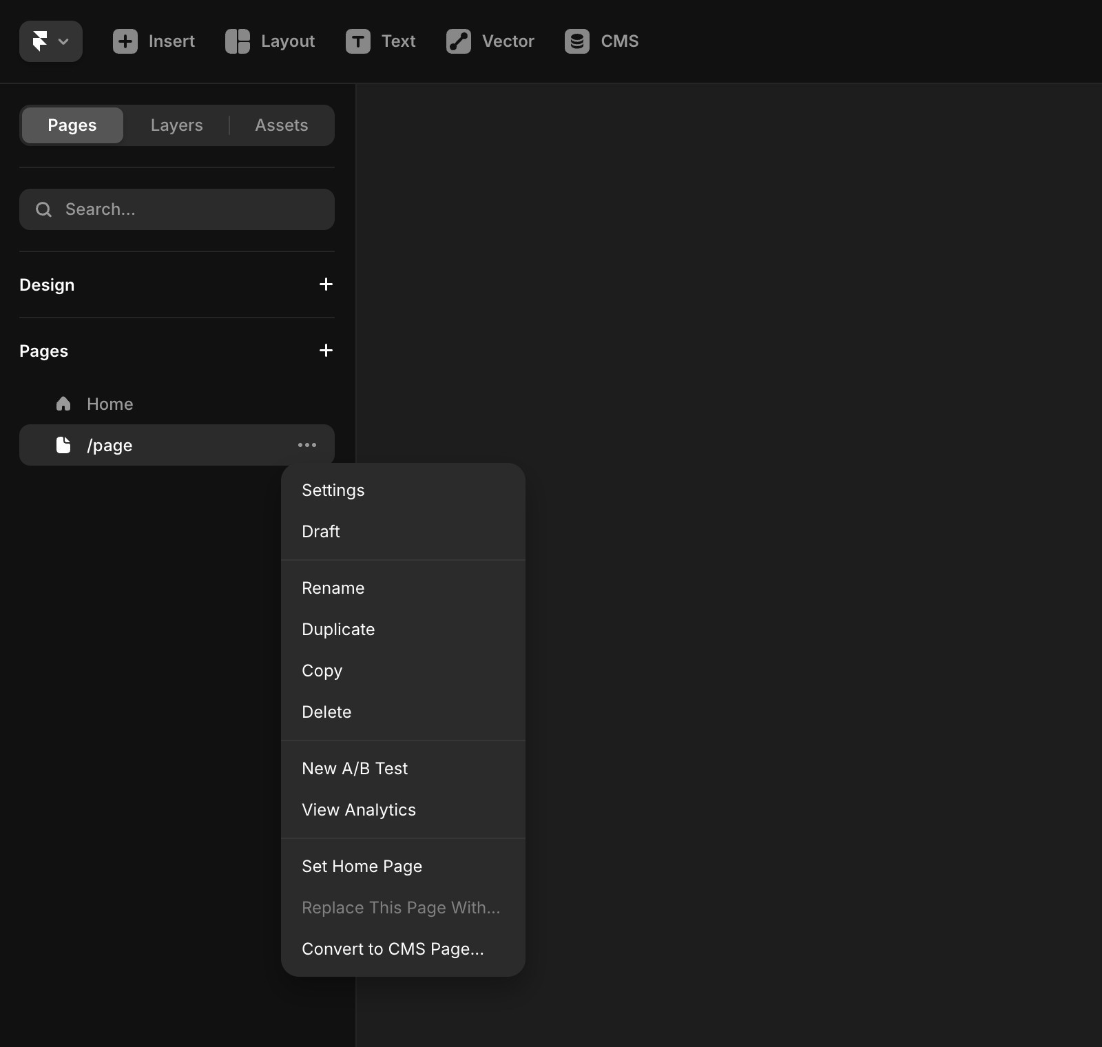 网站编辑器页面菜单的截图,显示 '/about-us' 页面的选项,如“设置”、“草稿”、“重命名”、“复制”、“删除”和“设为首页”等。