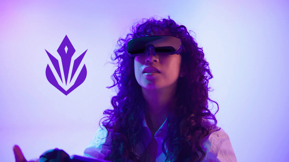 A person with curly hair wears sleek virtual reality goggles in a futuristic setting, illuminated by purple and blue lights, with a stylized purple emblem on the left.