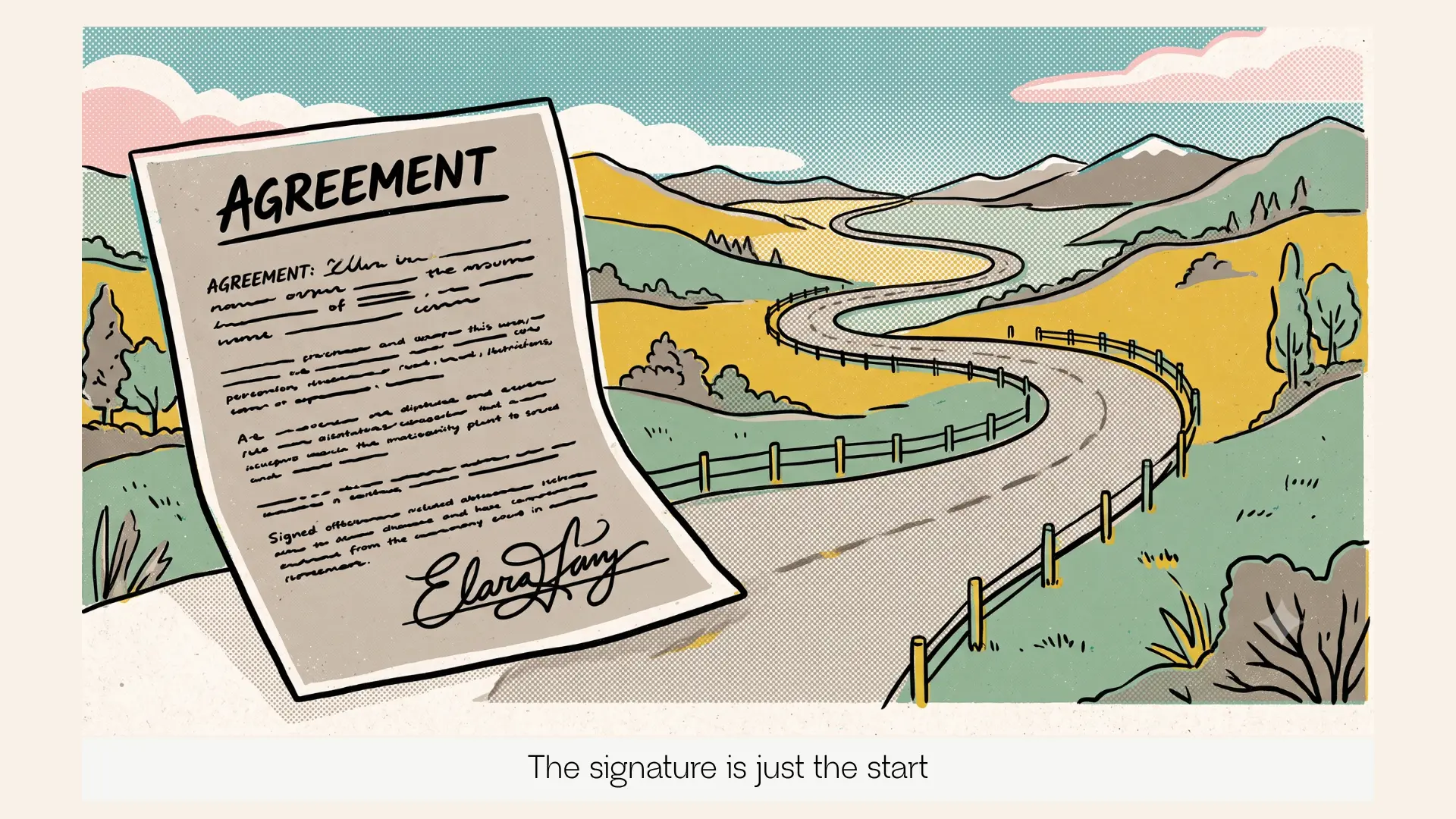 A signed document with a long winding road ahead of it instead of a finish line.