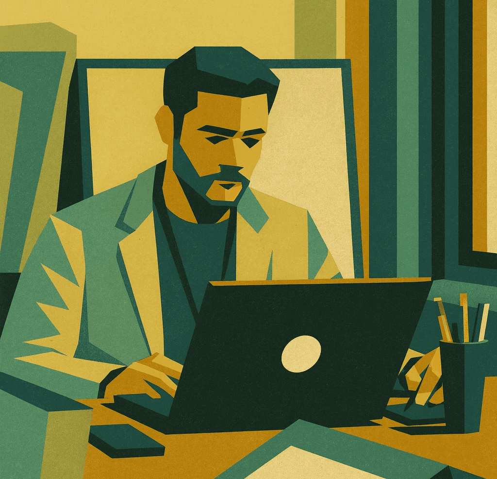 una persona al lavoro alla scrivania con diversi dispositivi - un laptop, un monitor desktop e quello che sembra essere un tablet o uno schermo secondario. 