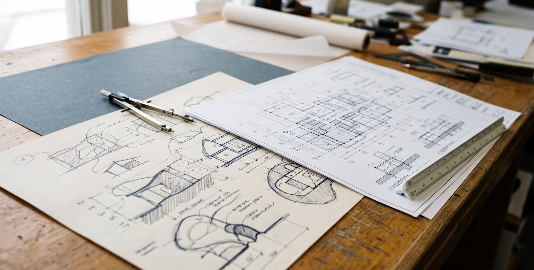 Overlapping architectural drawings representing design-build and construction manager at risk project delivery methods
