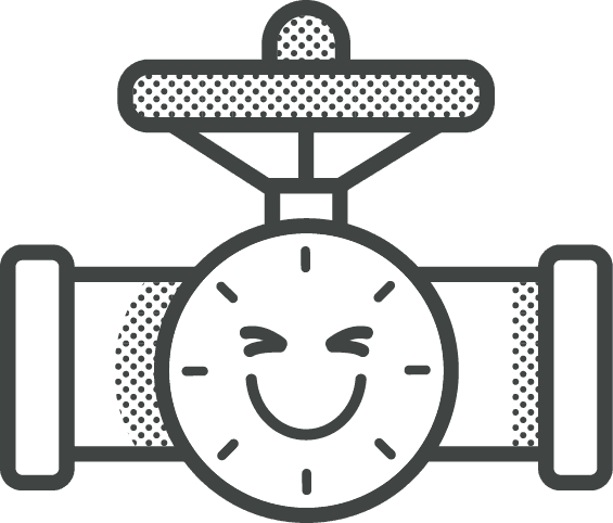 Cartoon pipe valve with a happy smiley face, suggesting smooth operation.