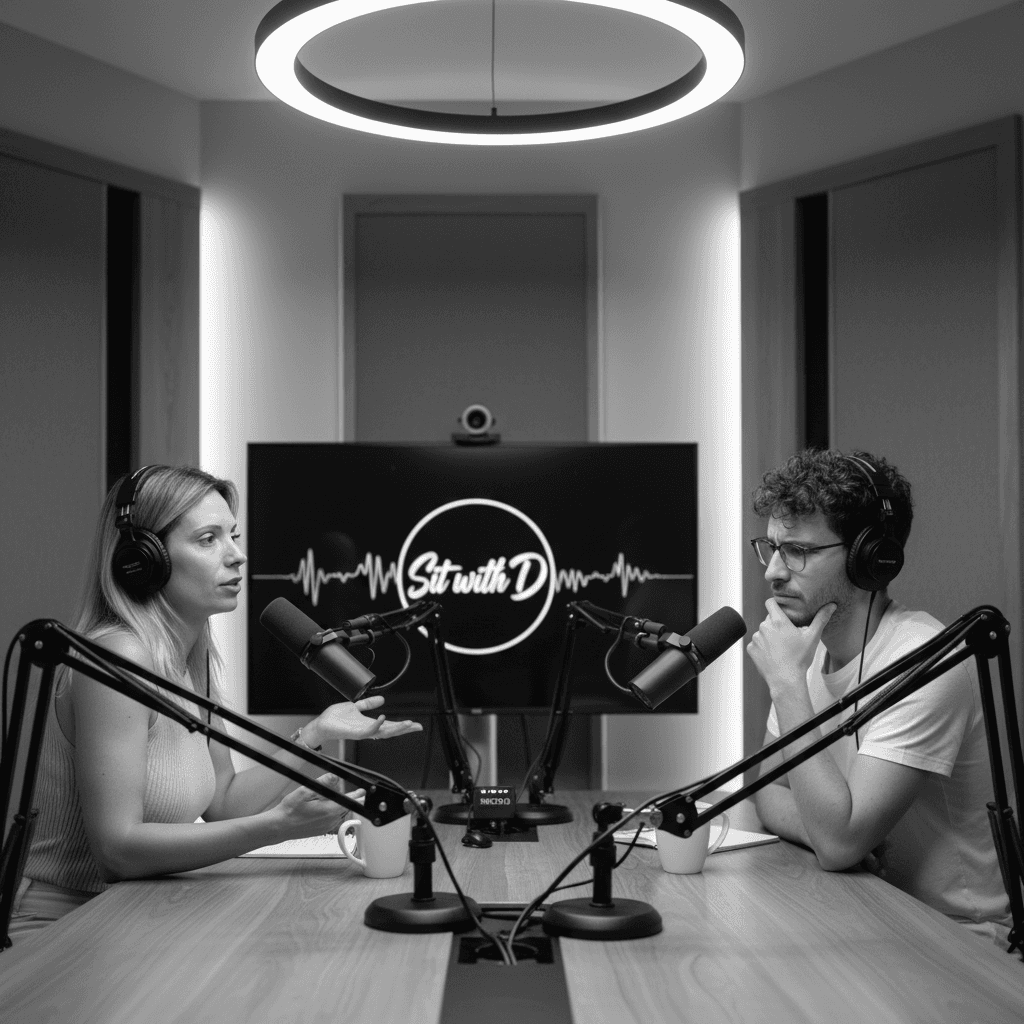 Two tech professionals sitting in a recording studio talking on a podcast