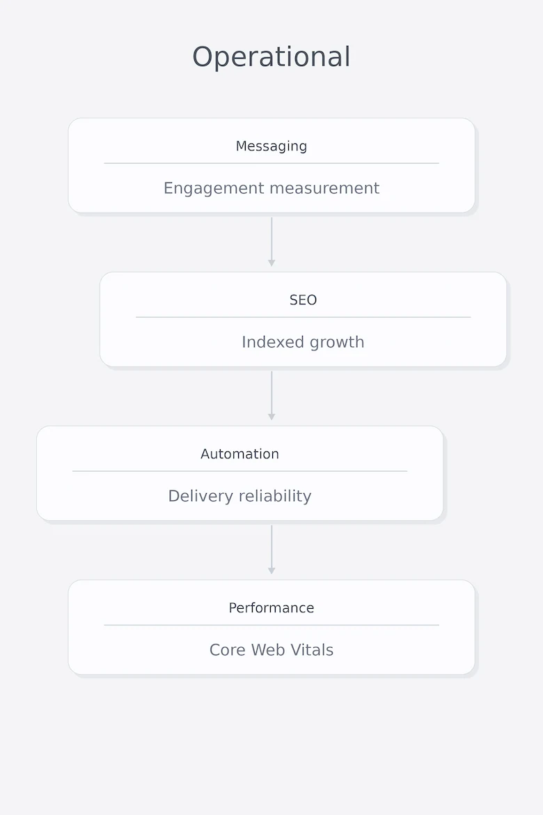 Operational diagram showing cross-layer alignment from engagement measurement to indexed growth, delivery reliability, and Core Web Vitals.