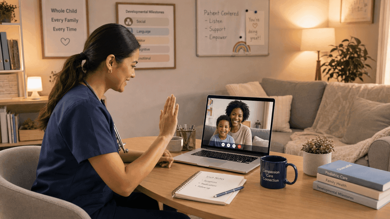 A pediatric video call with mom and child on laptop screen