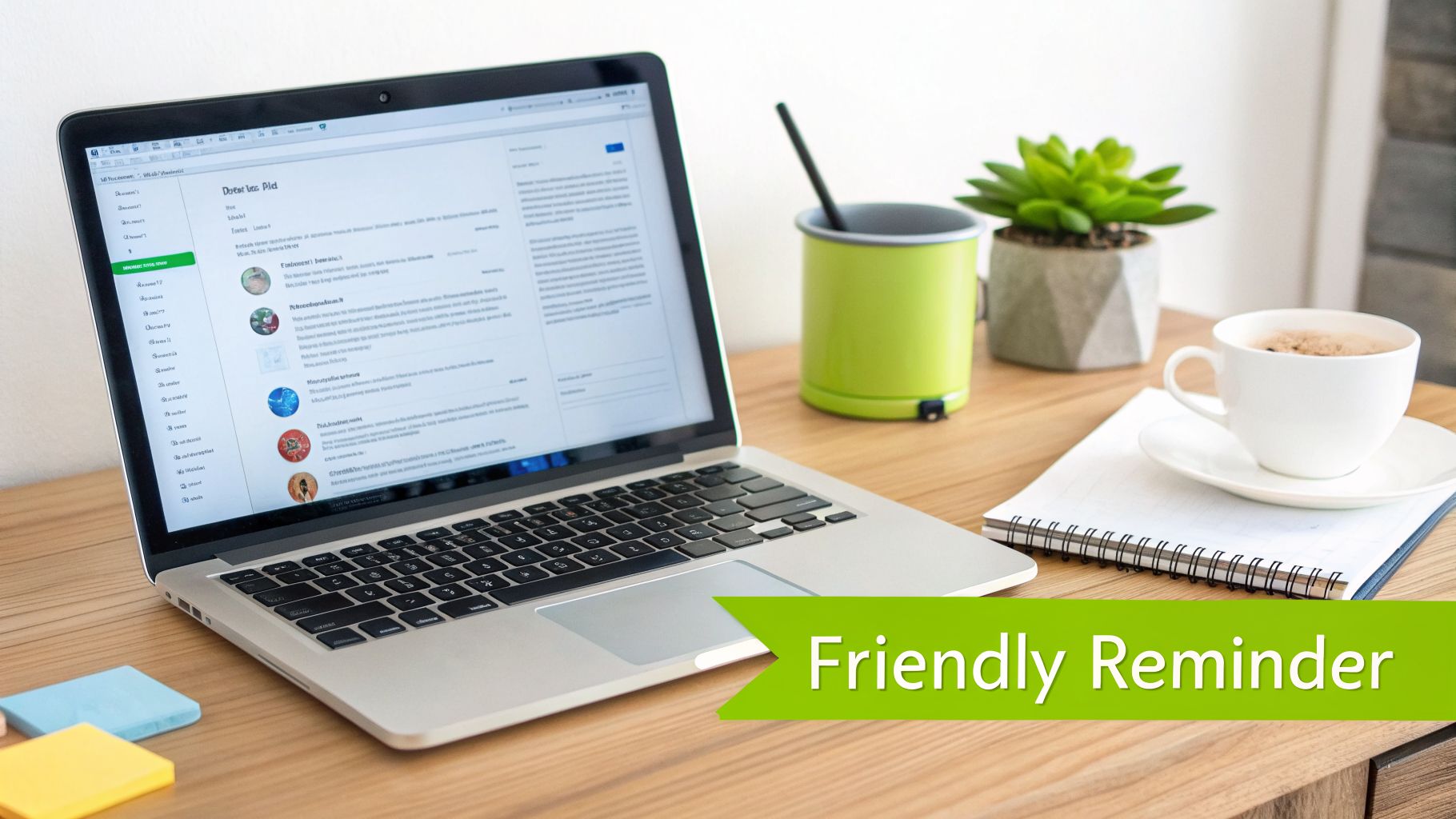 A modern workspace with a laptop showing email templates, coffee, and a succulent.