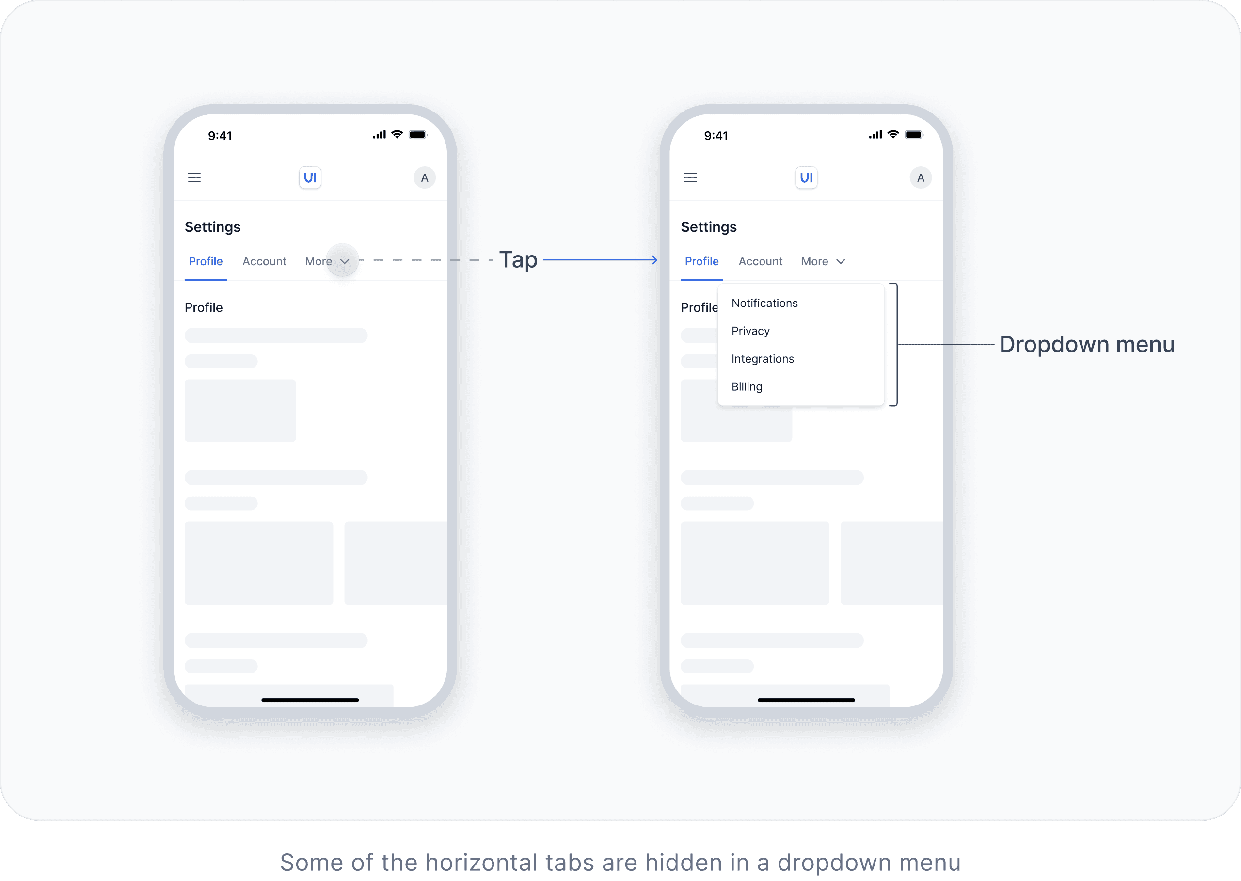 Tabs that do not fit horizontally are hidden inside a dropdown menu on mobile