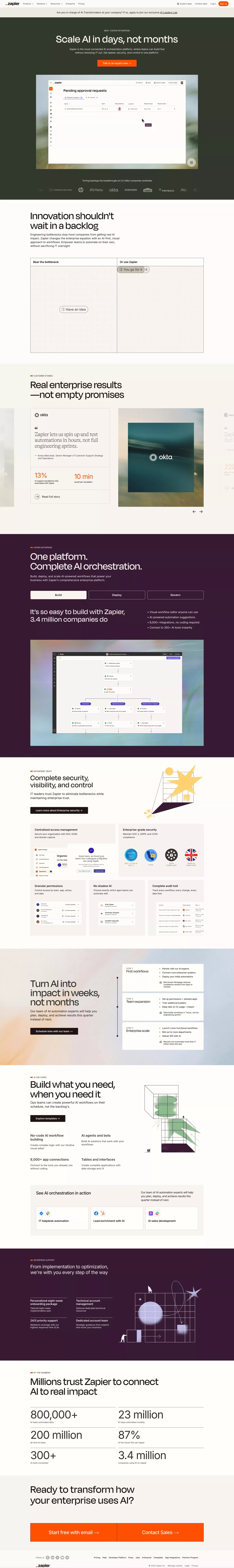 Zapier Enterprise landing page screenshot showcasing AI and Tech design
