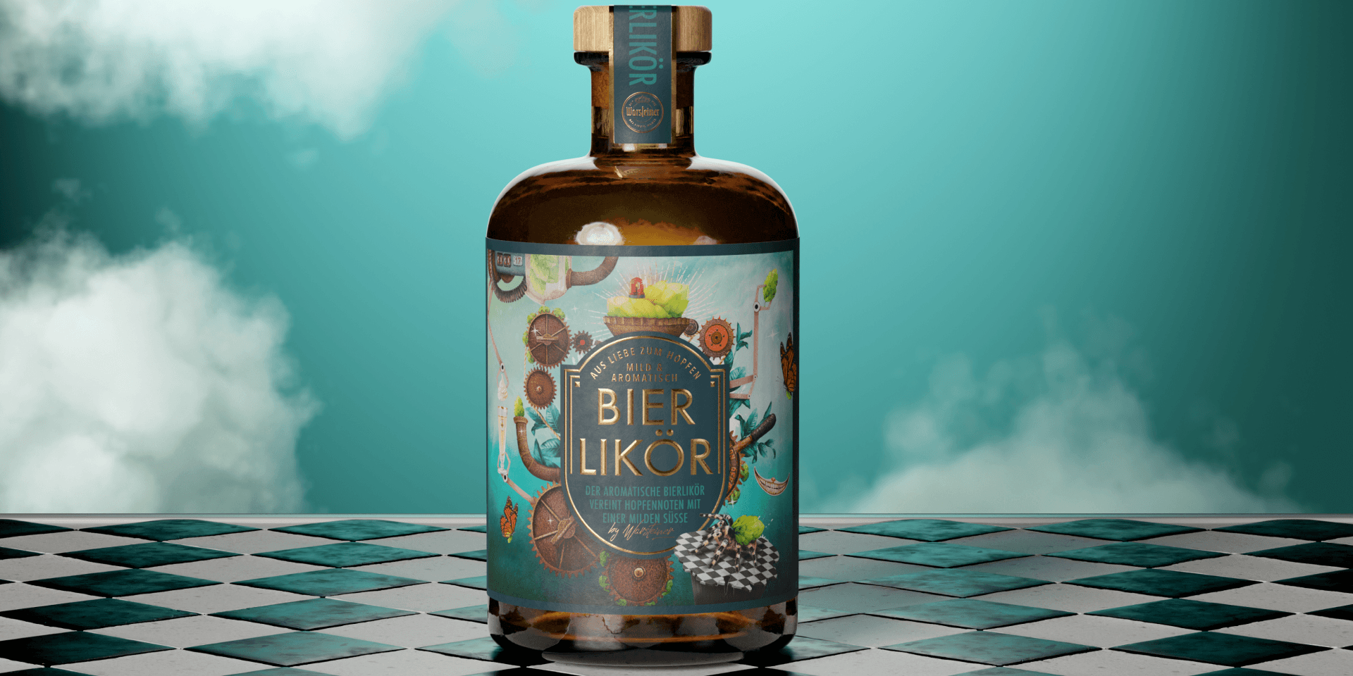 Warsteiner Brand World Beer Liqueur – bottle with an illustrated label in front of turquoise smoke on a checkered floor.