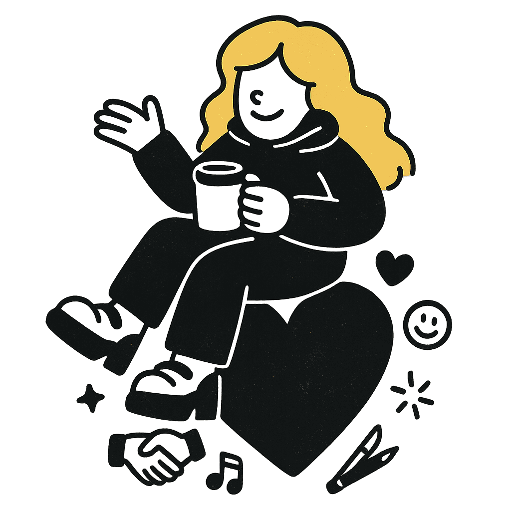 Illustration of female icon sitting on a giant love heart icon holding a coffee and having a conversation