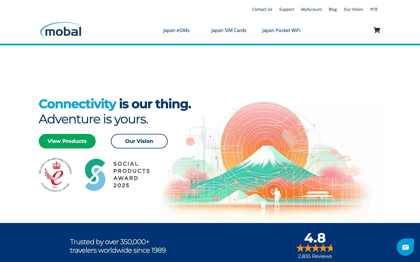 Mobal homepage showing Japan eSIM, SIM card and pocket WiFi options
