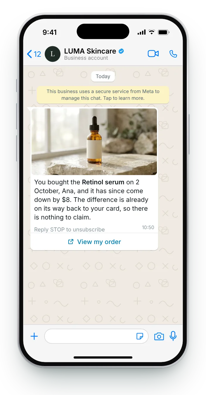 Refunding the difference after purchase: WhatsApp price drop message on an iPhone