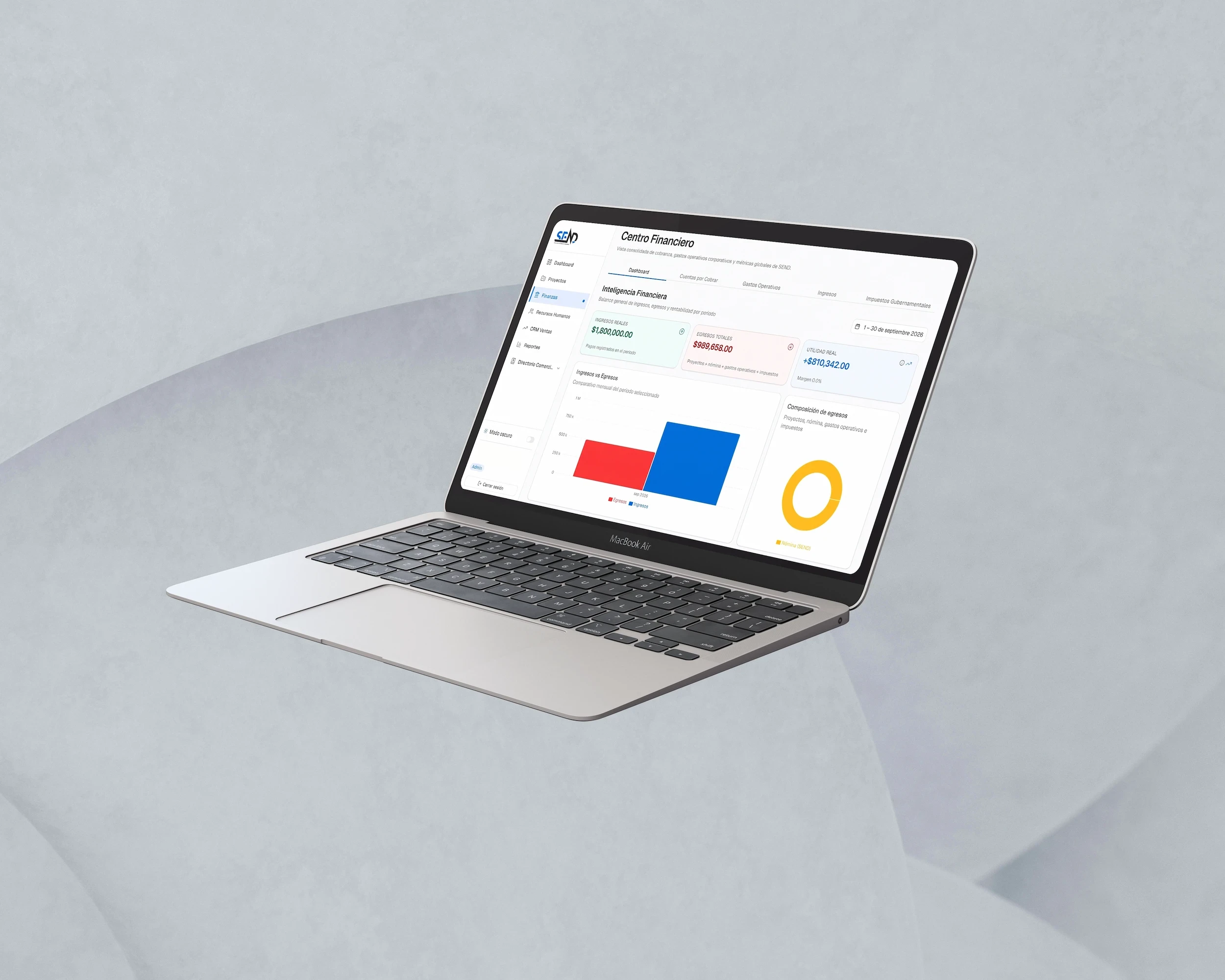 Mockup de una laptop mostrando un dashboard administrativo con su centro financiero