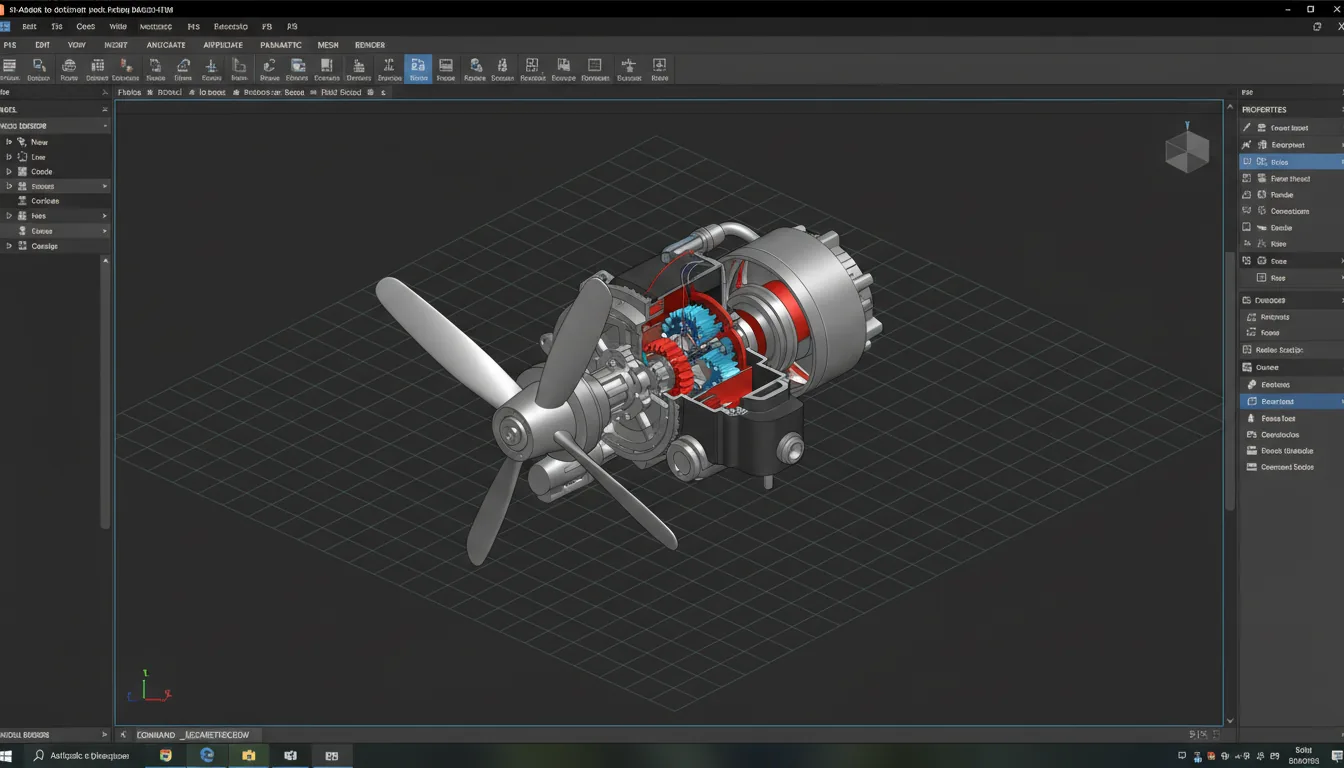 A screenshot of Autodesk AutoCAD software in a modern dark mode, displaying a detailed 3D CAD model of a mechanical propeller engine in an isometric view. The user interface features a comprehensive top ribbon toolbar with UI elements and placeholder text. The engine model has a cutaway design, revealing intricate internal components colored in vibrant red and blue, set against the silver and gray exterior casing. The model is centered on a dark canvas with a subtle isometric grid pattern.