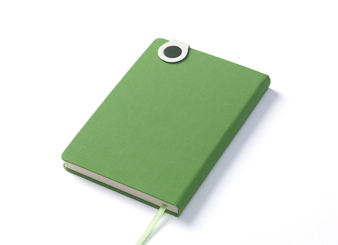 Green textured journal with button tab closure and ribbon bookmark