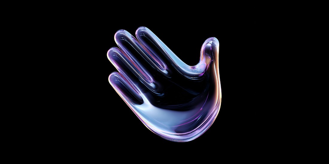 3D glass waving hand icon on black background