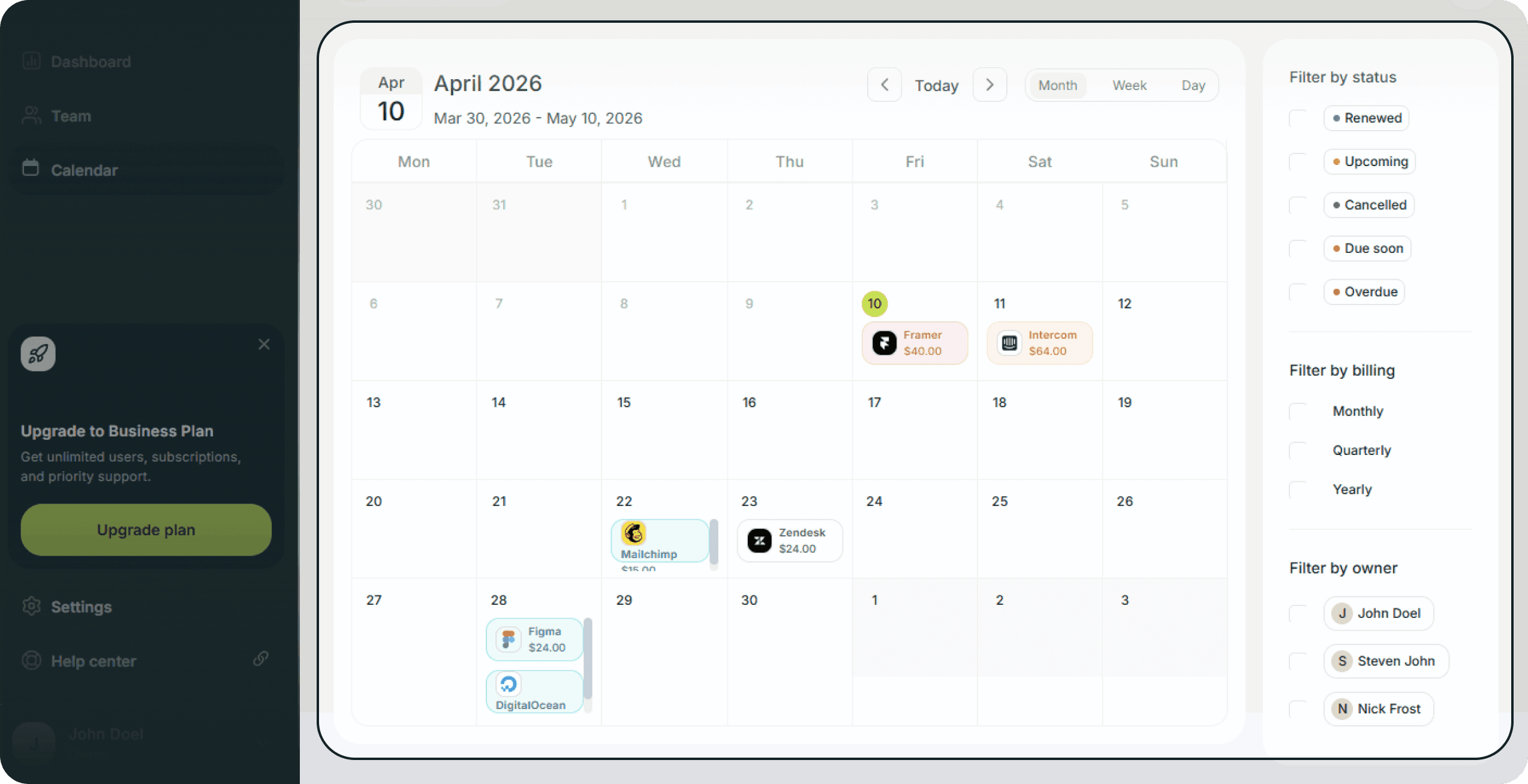 Subsight calendar view with timeframe controls, navigation buttons, and filtering sidebar.