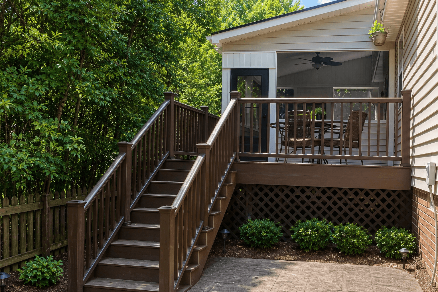 Completed screened-in porch and Trex composite deck renovation with bronze railings and covered outdoor living space in Winston-Salem NC.