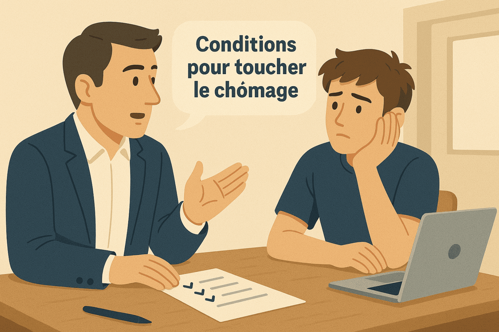 image d'un homme qui explique à un alternant, comment touche le chômage après son alternance, les conditions, les démarches etc 