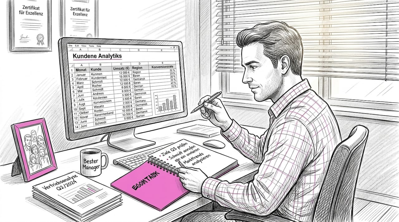Ein Vertriebsleiter wirft einen Blick auf die aktuellen Verkaufszahlen – der Schreibtisch ist dabei kaum noch zu erkennen vor lauter Unterlagen und Notizen.