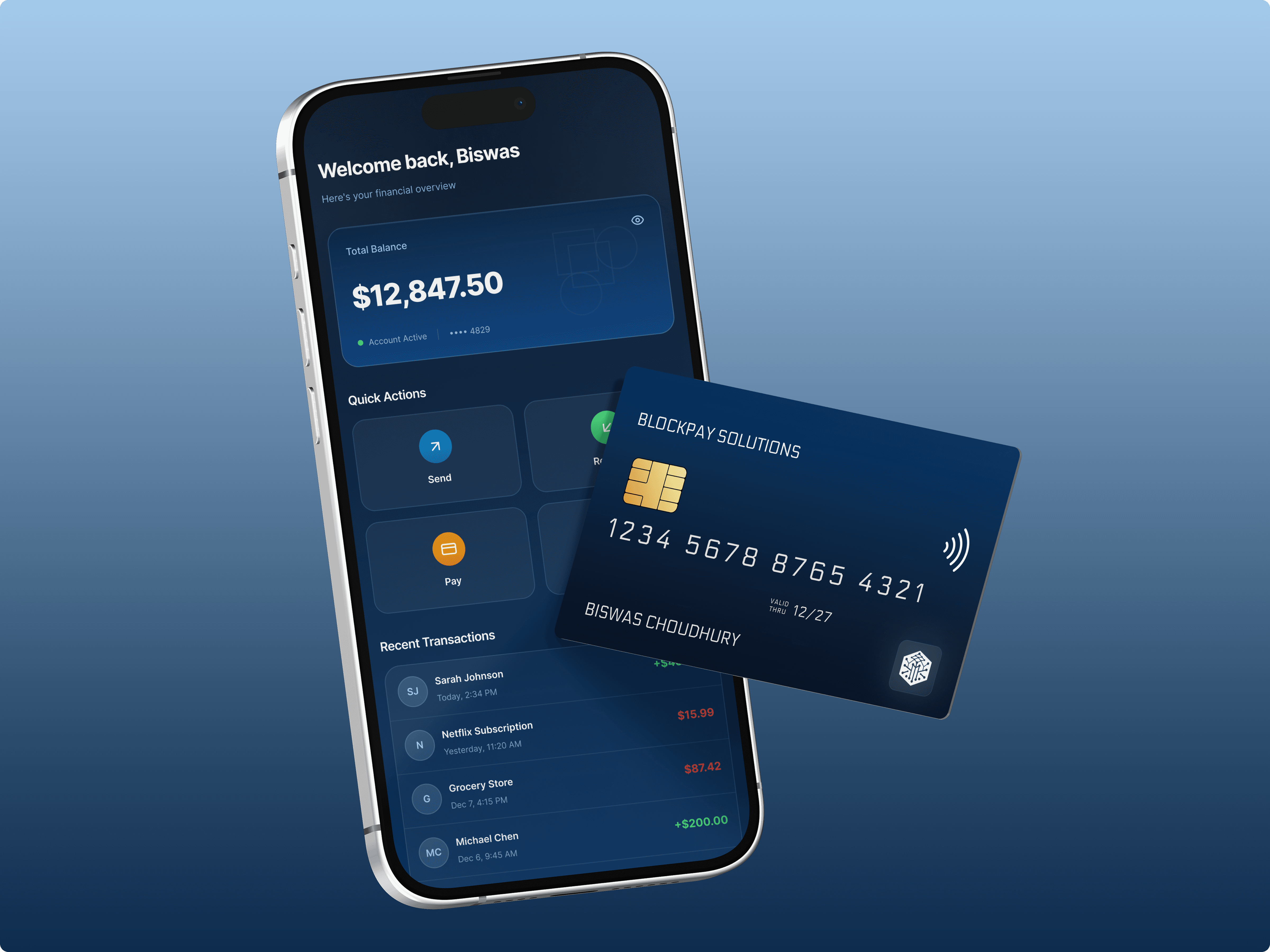 BlockPay mobile crypto wallet app with branded payment card