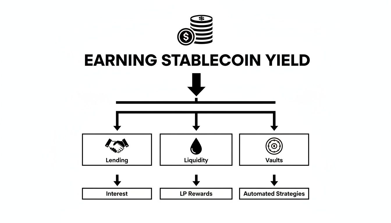 Flowchart illustrating how to earn stablecoin yield through lending, liquidity, and vaults for various rewards.