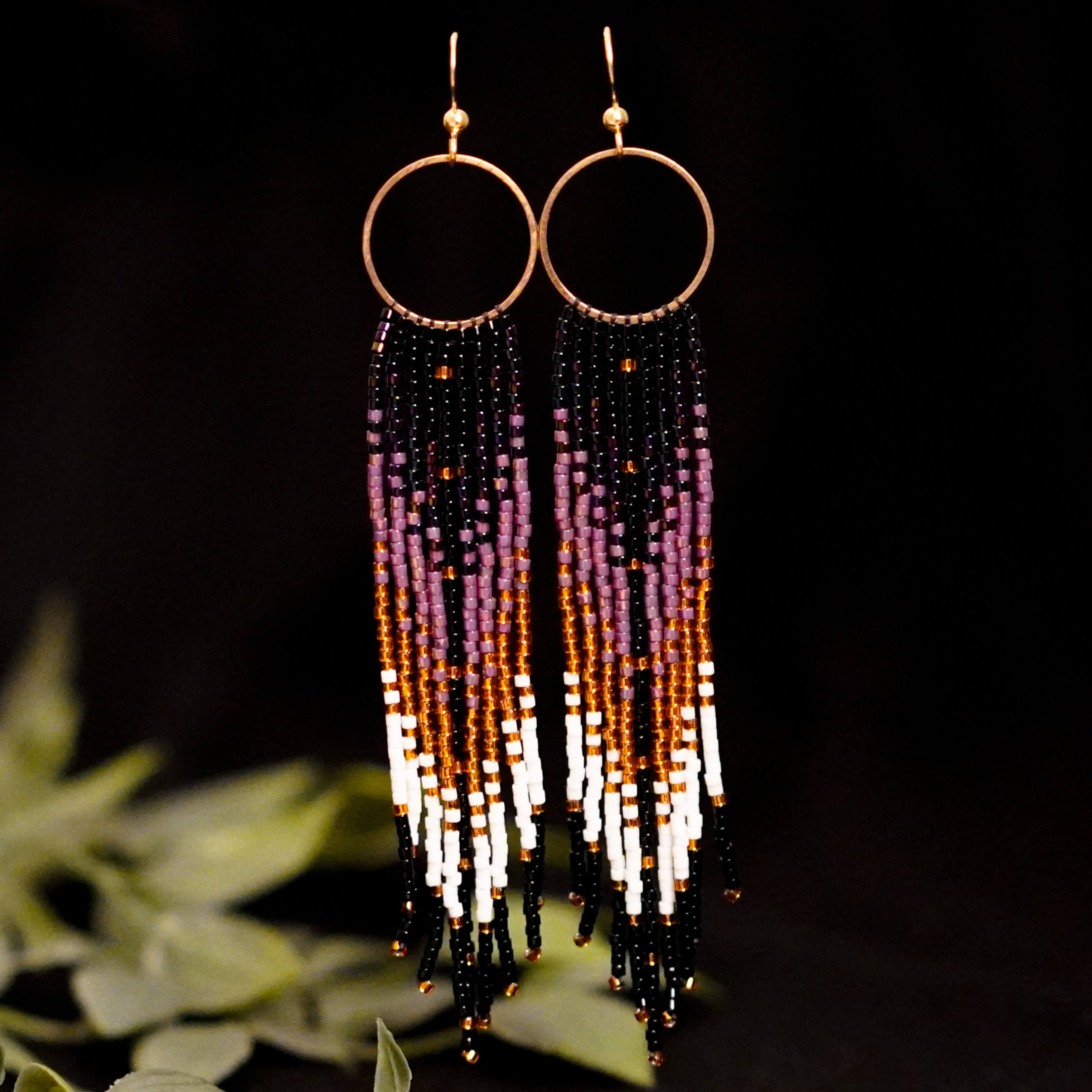 Długie kolczyki wiszące w stylu boho etno fioletowe miedziane czarne