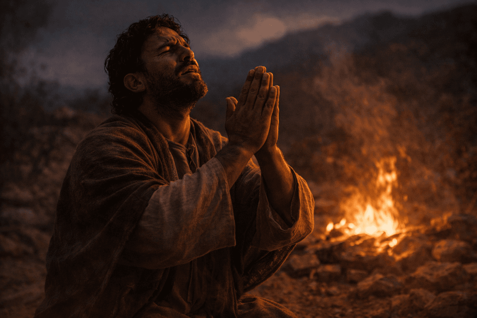 Cinematic image of a man kneeling in prayer by firelight, symbolising the prayer of Jabez in 1 Chronicles
