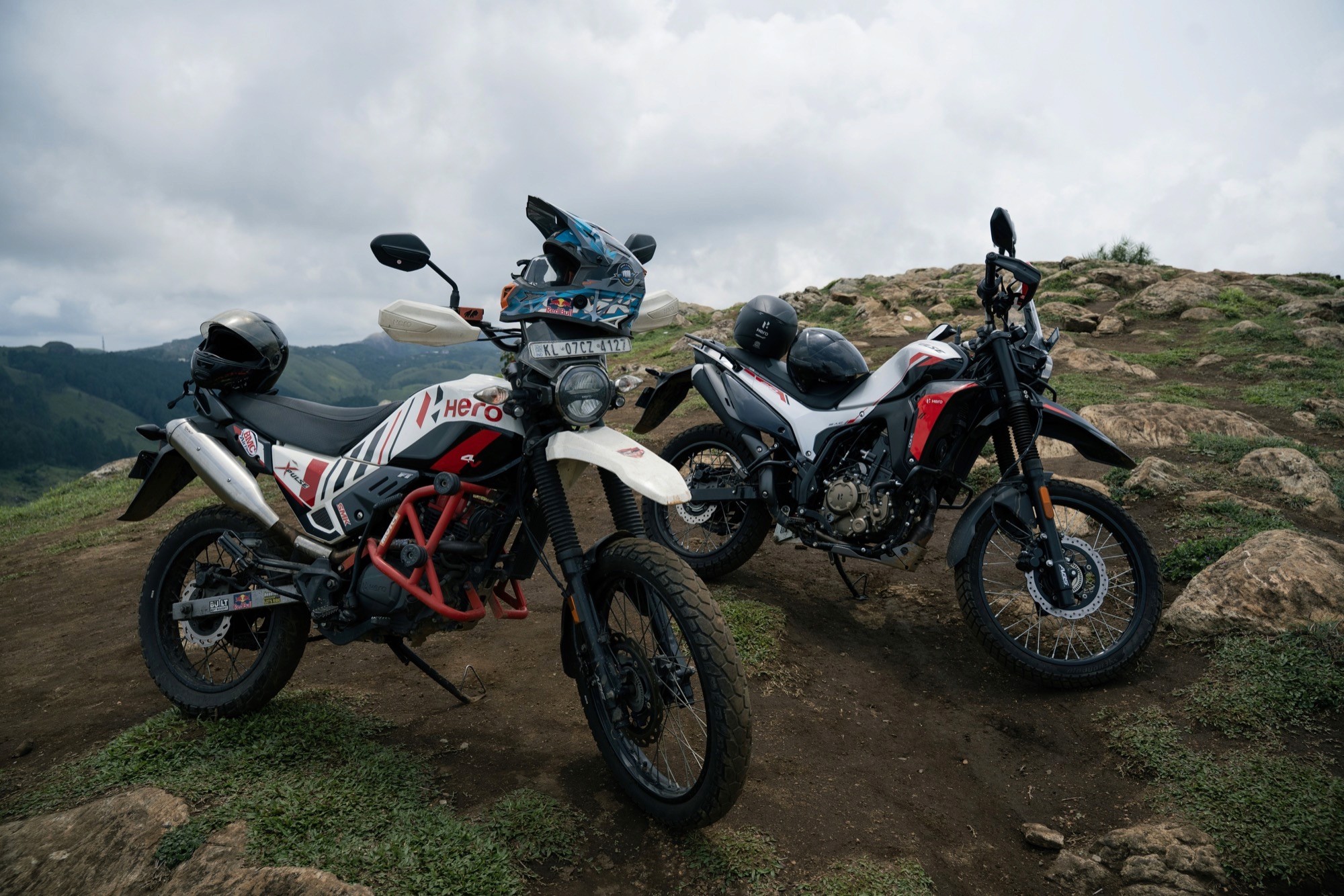 Two bikes parked on the ridge