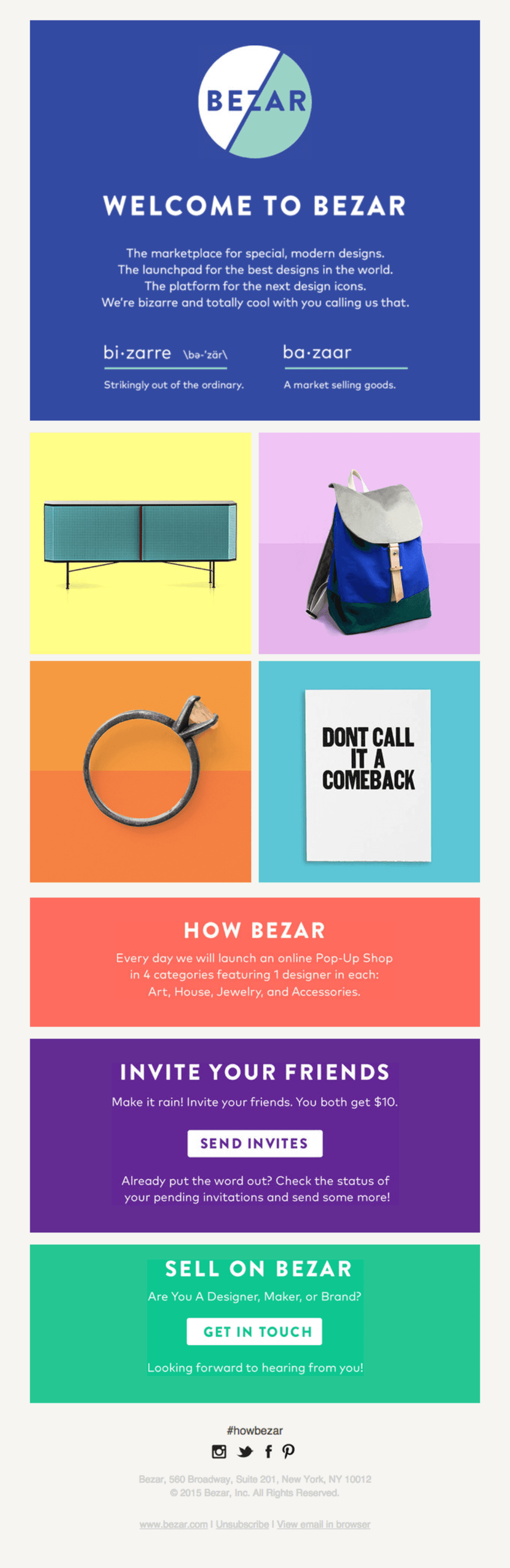 A bold, colourful email highlighting Bezar's marketplace for modern designs, encouraging users to invite friends and explore their curated pop-up shops. Includes product images and clear CTAs to engage with the brand.