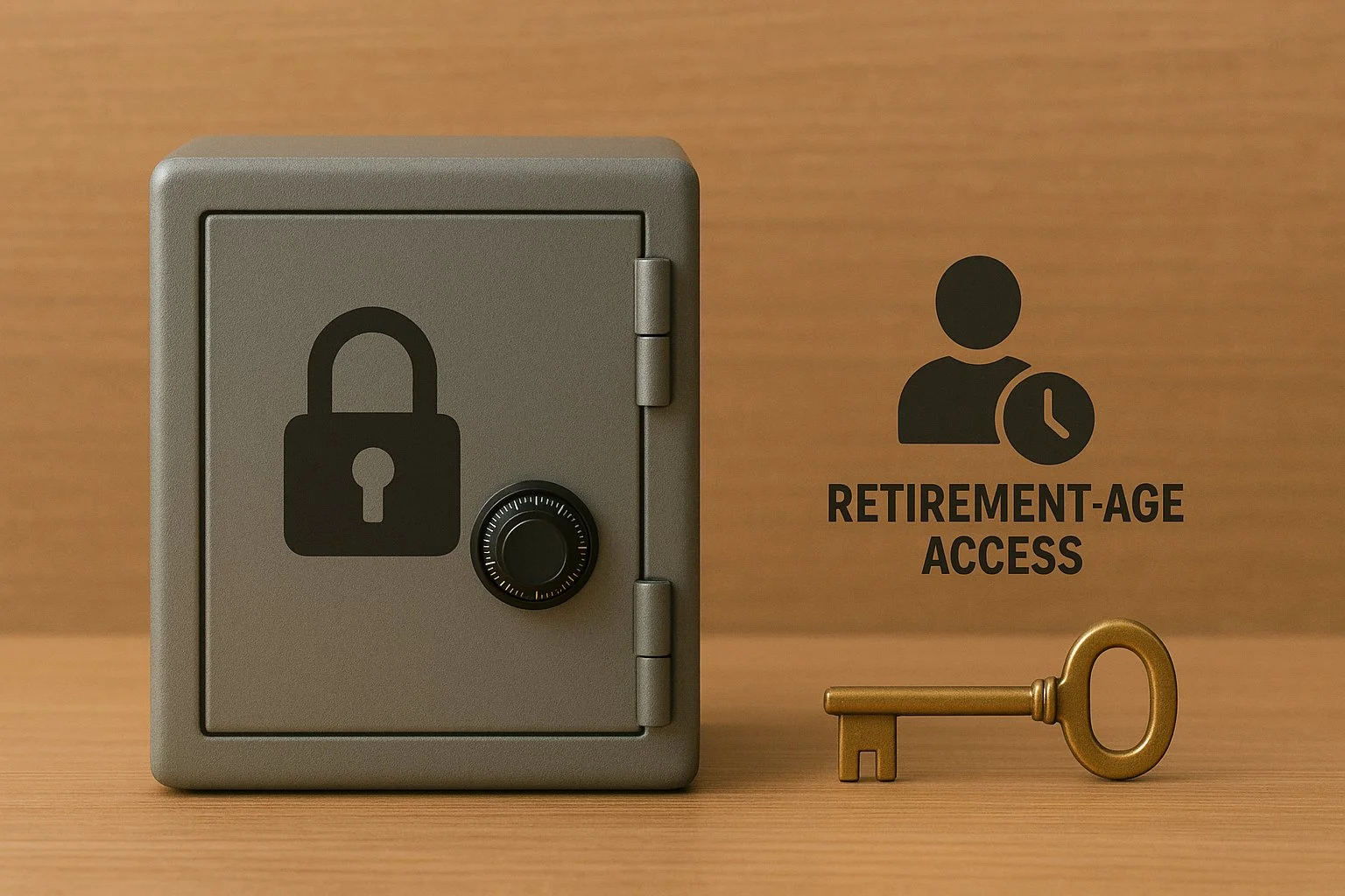 Safe with a lock icon representing early withdrawal penalties next to a key symbolizing access at retirement age.