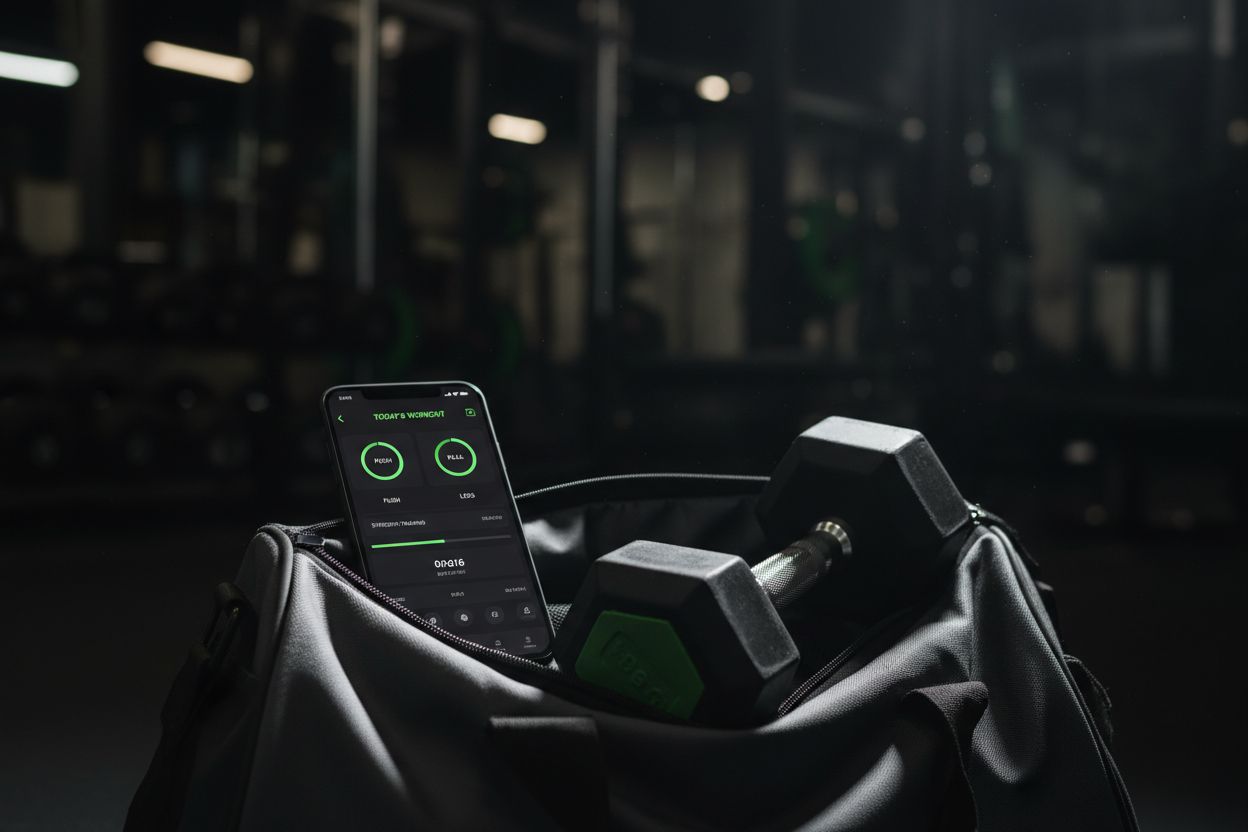 A smartphone showing a workout log beside dumbbells