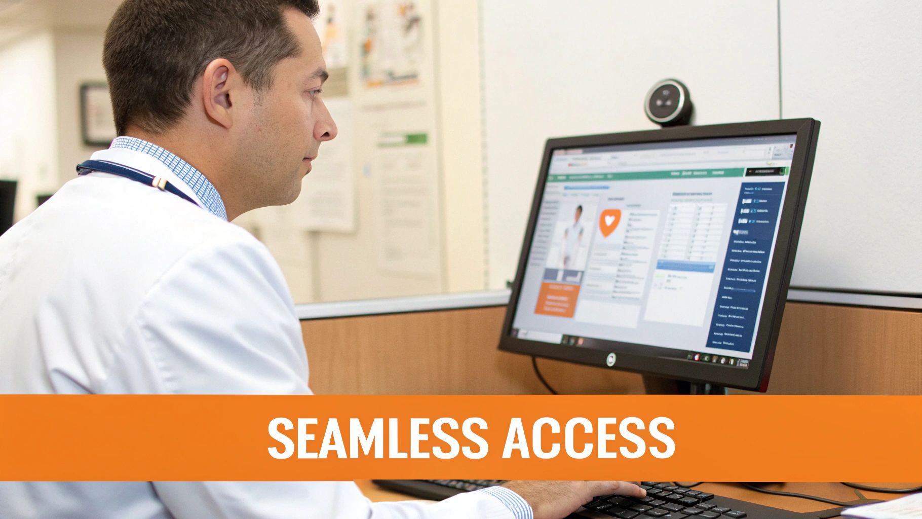 Healthcare professional in white coat accessing clinical knowledge summaries on a computer screen.