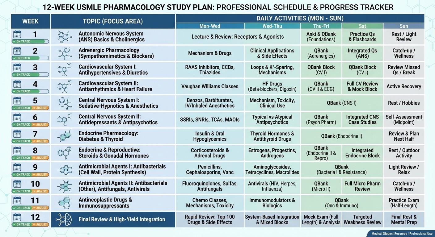 12-week USMLE Step 1 pharmacology study schedule with high-yield topics