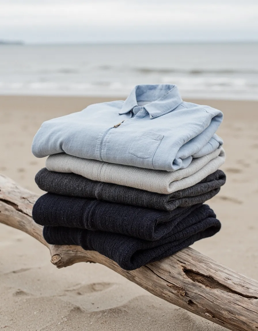 Neatly folded stack of clothing in coastal tones - light blue chambray shirt atop beige and navy garments on driftwood at the beach