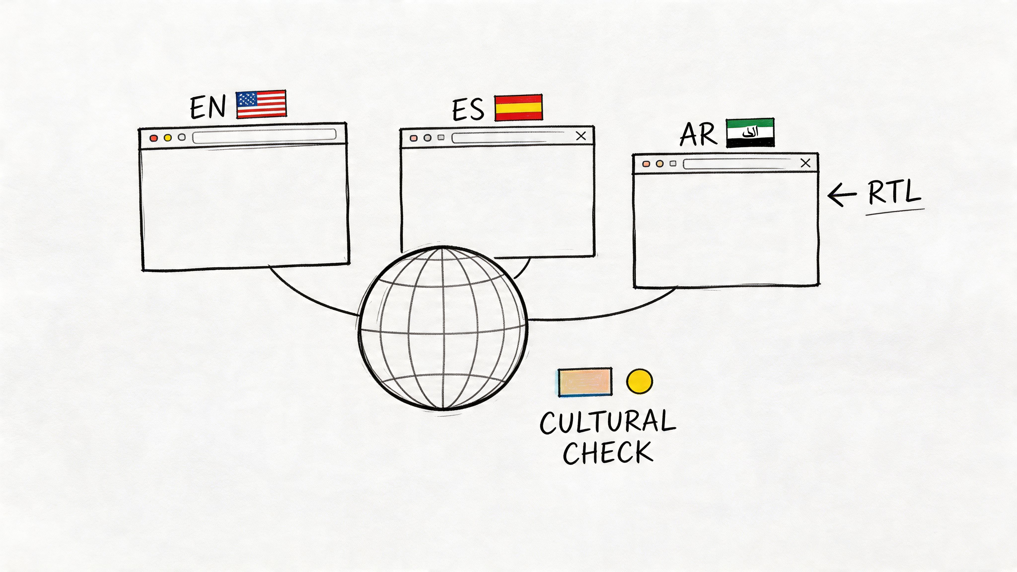 A hand-drawn illustration depicting web browsers for English, Spanish, and Arabic languages connected to a globe.