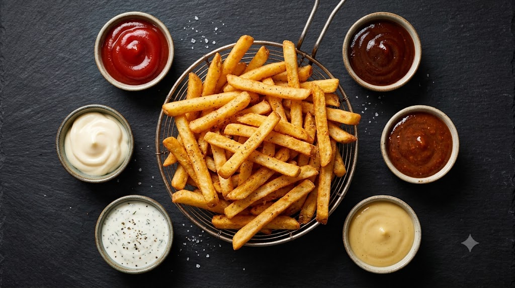 An overhead flat lay photograph of a wire basket filled with golden French fries, surrounded by six different dipping sauces like ketchup, barbecue sauce, and mayonnaise, on a dark slate background.