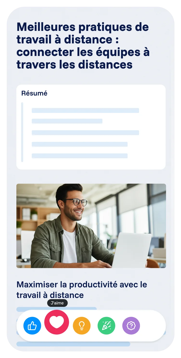 Application mobile Spencer avec un article sur le travail à distance, un résumé, une image et des réactions interactives en bas de l’écran