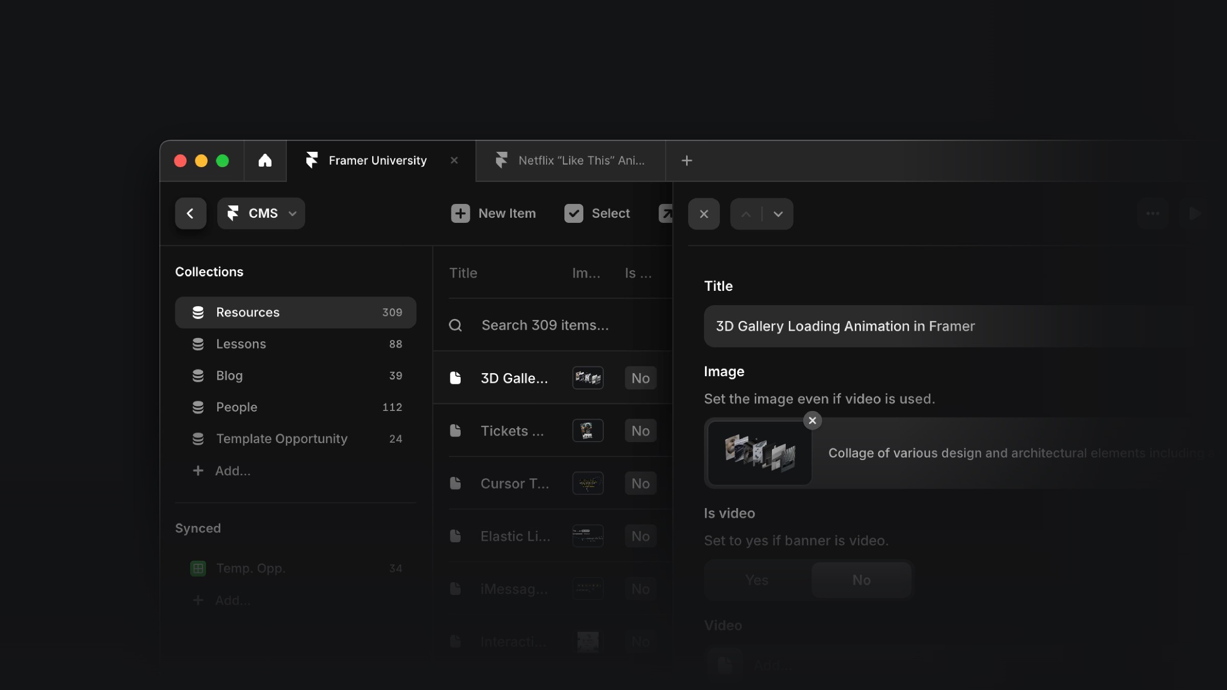 Content management system interface on a dark theme showing collections of resources, lessons, and blogs in Framer University