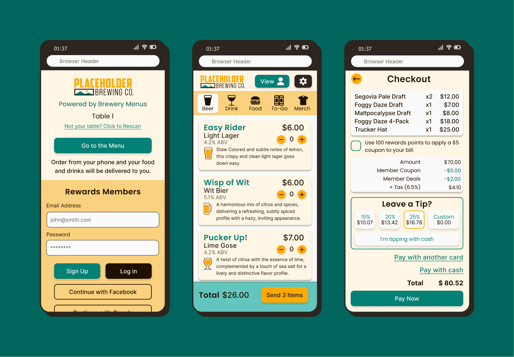 3 screenshots of Brewery menu app showing the landing page, the menu, and the checkout screen.