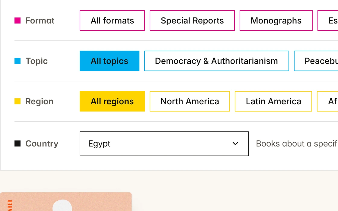People Power Publishers: catalogue filters for format, topic, region and country, outlined in magenta, cyan and yellow, with Egypt chosen and the first result below