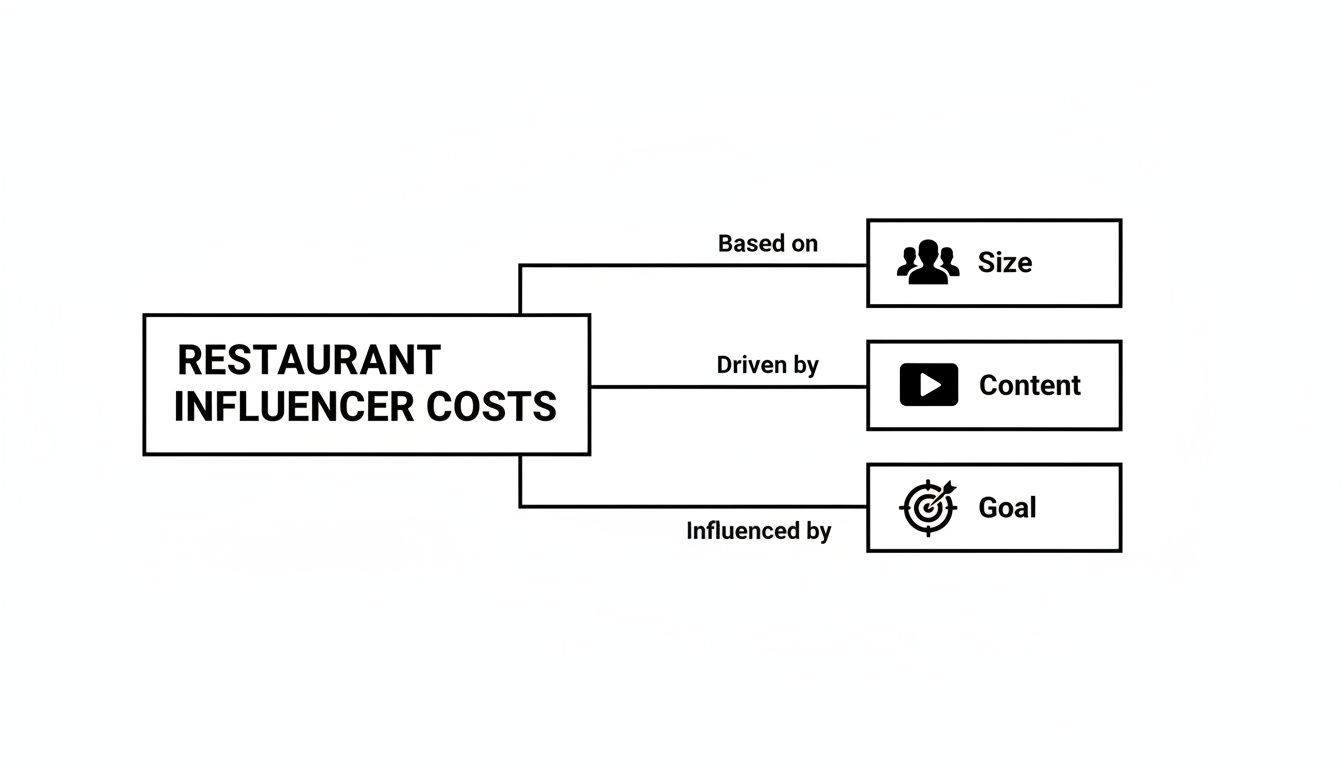 Flowchart detailing restaurant influencer costs influenced by influencer size, content type, and campaign goals.