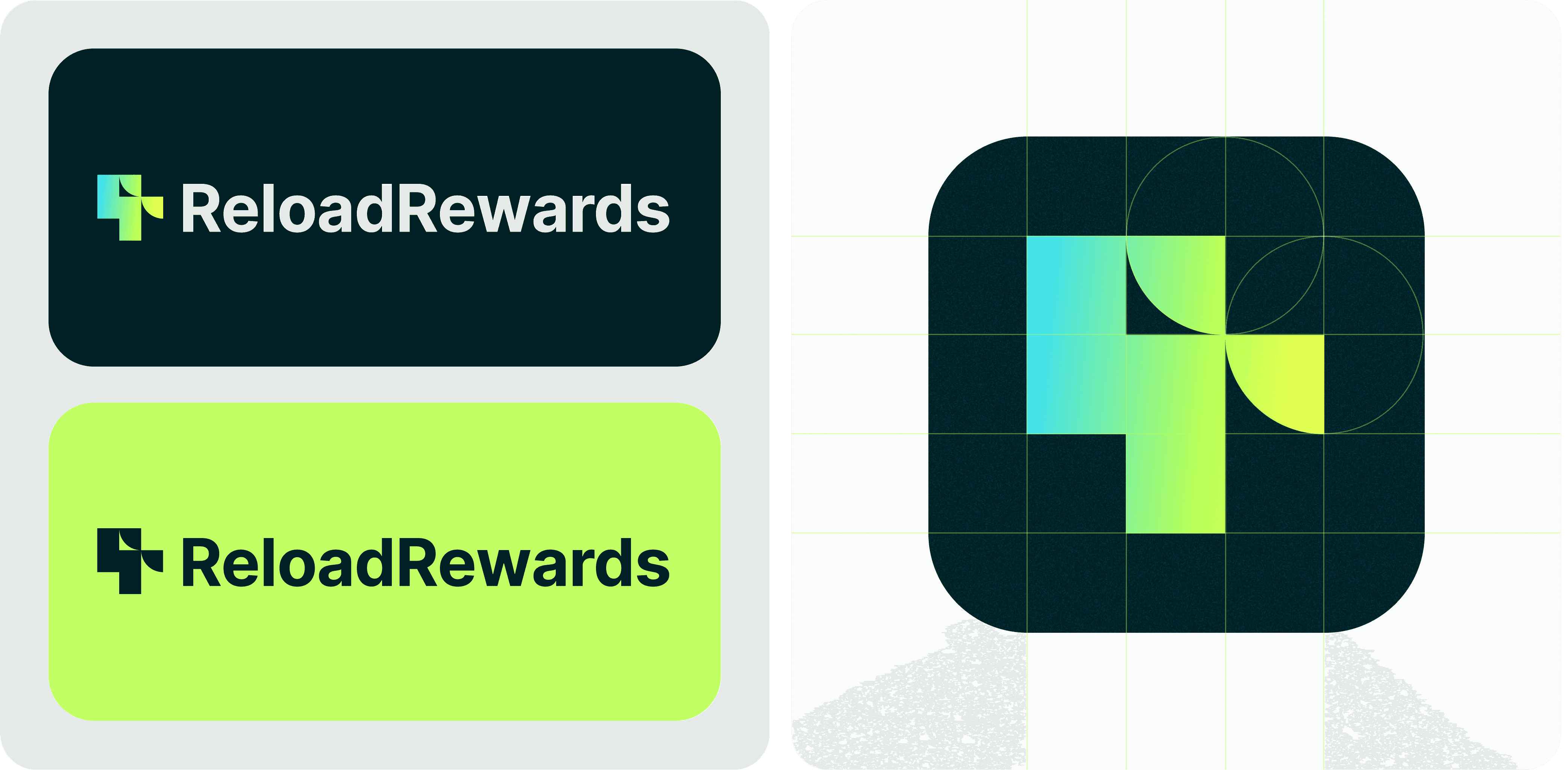 ReloadRewards logo variations displayed on two different backgrounds. The top version features a gradient icon with blue and green hues paired with the text 'ReloadRewards' in white on a dark background. The bottom version showcases a solid green icon and black text on a bright green background, highlighting the brand’s adaptability and modern aesthetic.