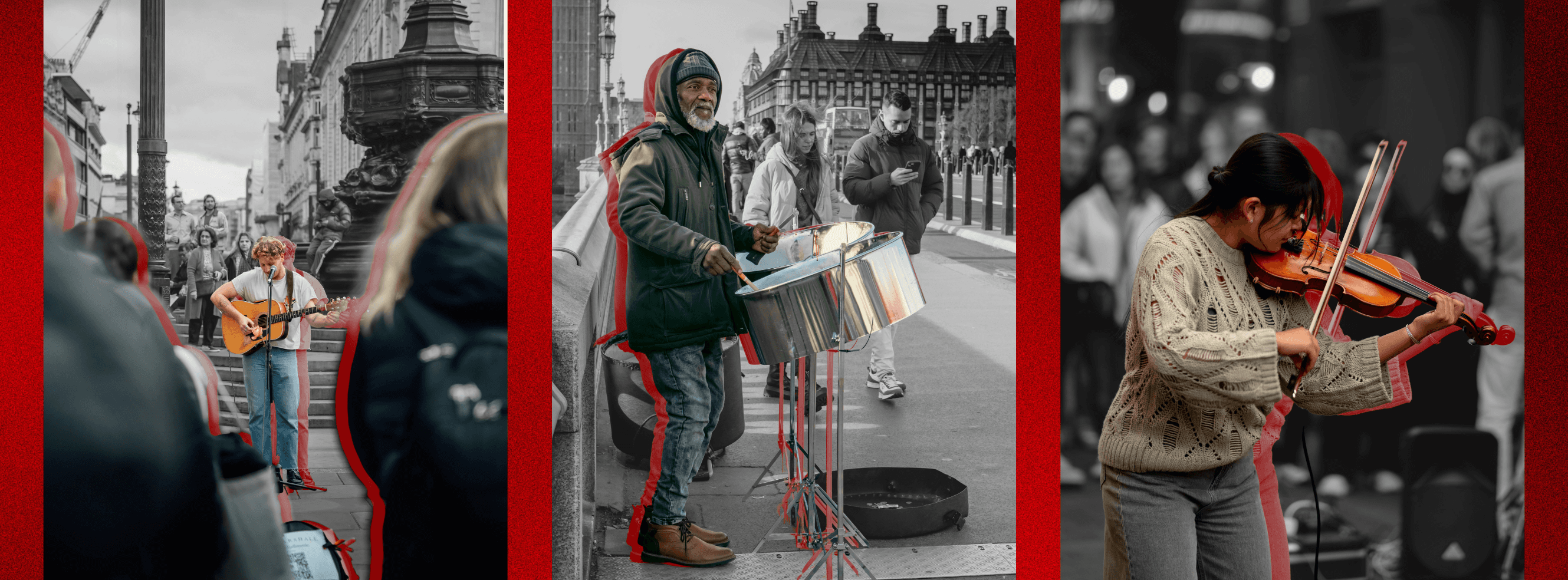 London musicians playing in the street with red brand colour accents