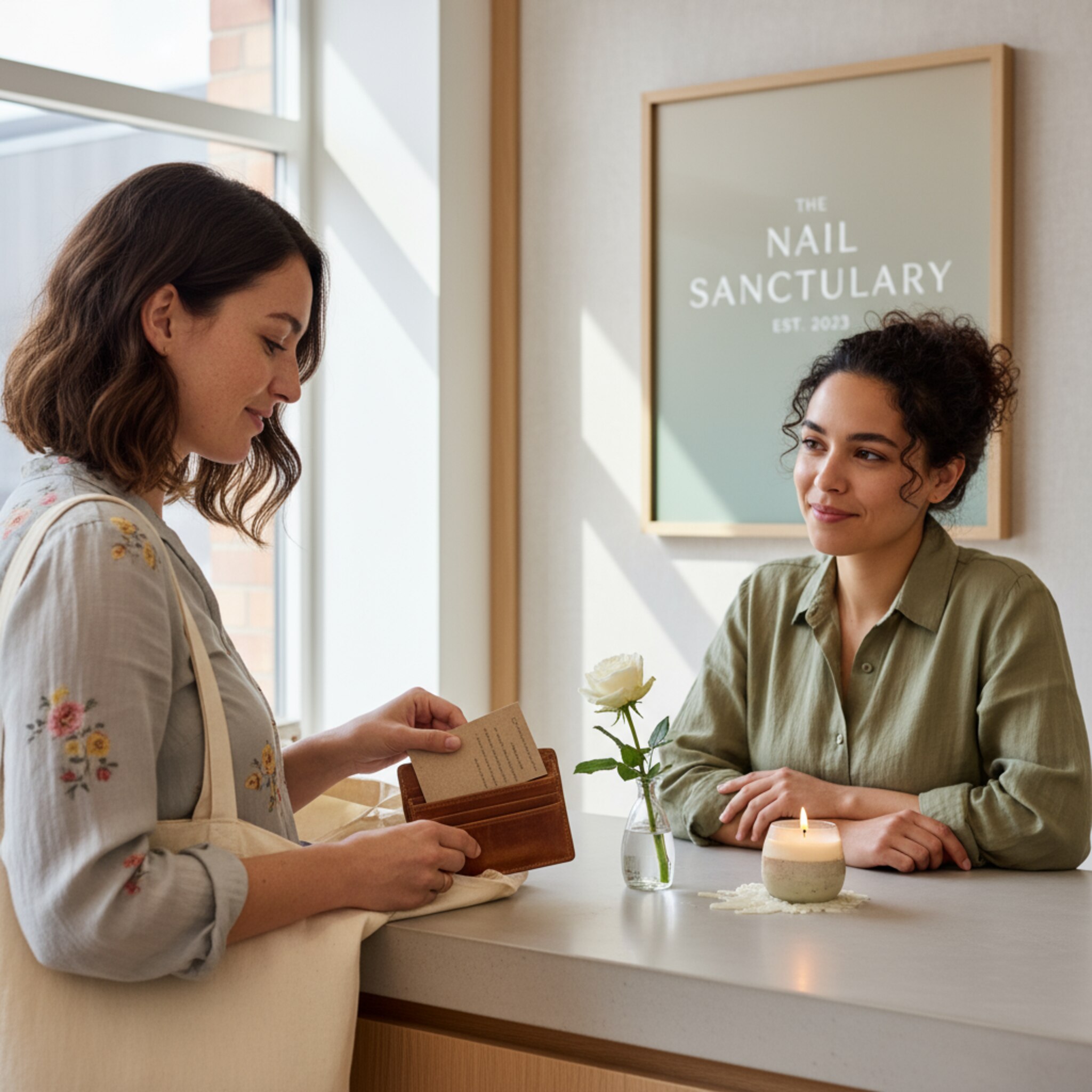 Am Tresen steckt eine Kundin eine schlichte Terminkarte sorgfältig in ihr Portemonnaie, während die Stylistin sich herzlich verabschiedet. Ein kleines Arrangement aus Blumen und Duftkerze setzt einen ruhigen Akzent. Die Szene vermittelt Verbindlichkeit und Planungssicherheit, ohne Hektik oder technische Ablenkung.