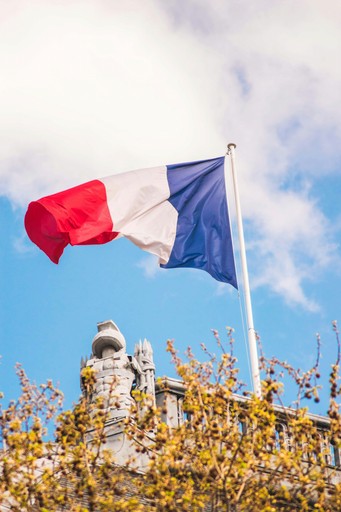 blue, white, and red flag with pole, representing France
