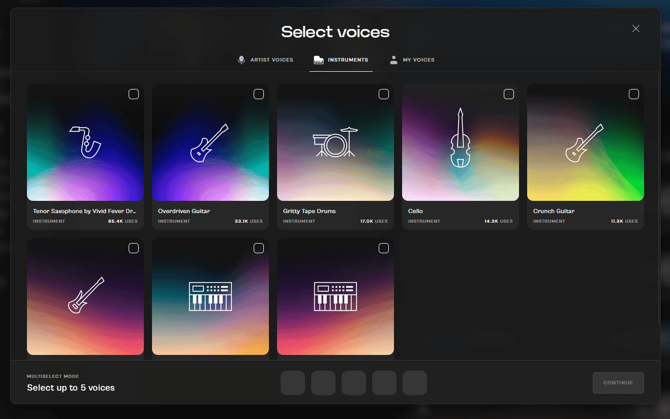 Open menu of the Kits AI voice to instrument library