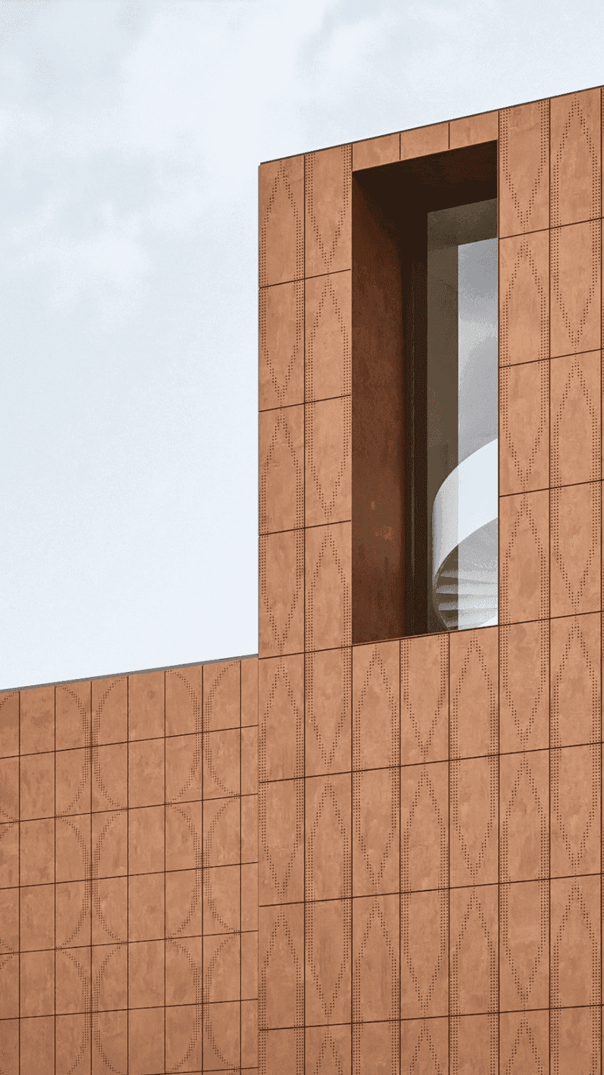 Child walking on a wooden beam with a large tree and swing nearby in a courtyard of modern wooden houses, while another person adjusts a bicycle.