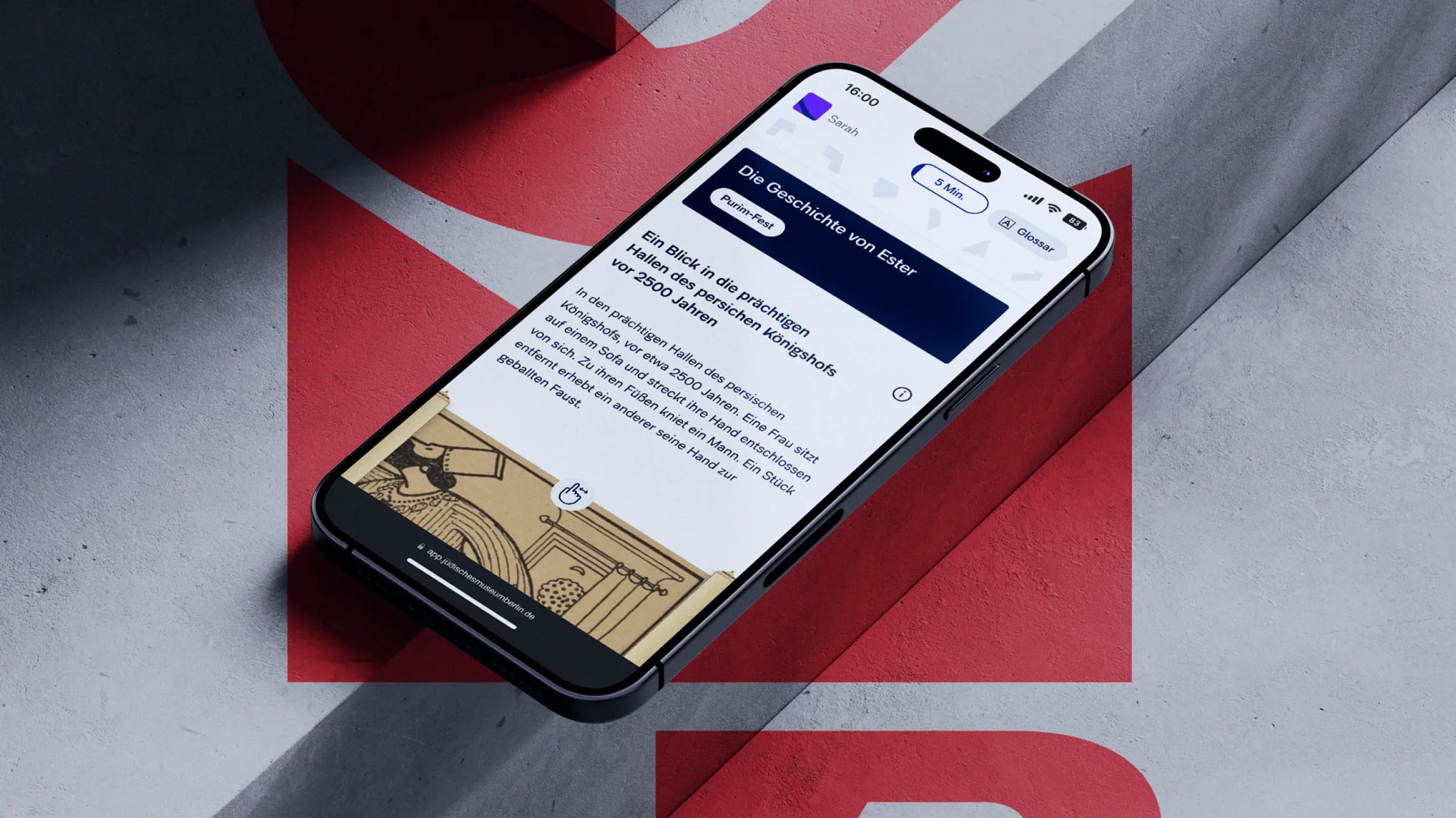 Phone-Mockup: Lerneinheit Purim mit historischer Szene am persischen Königshof