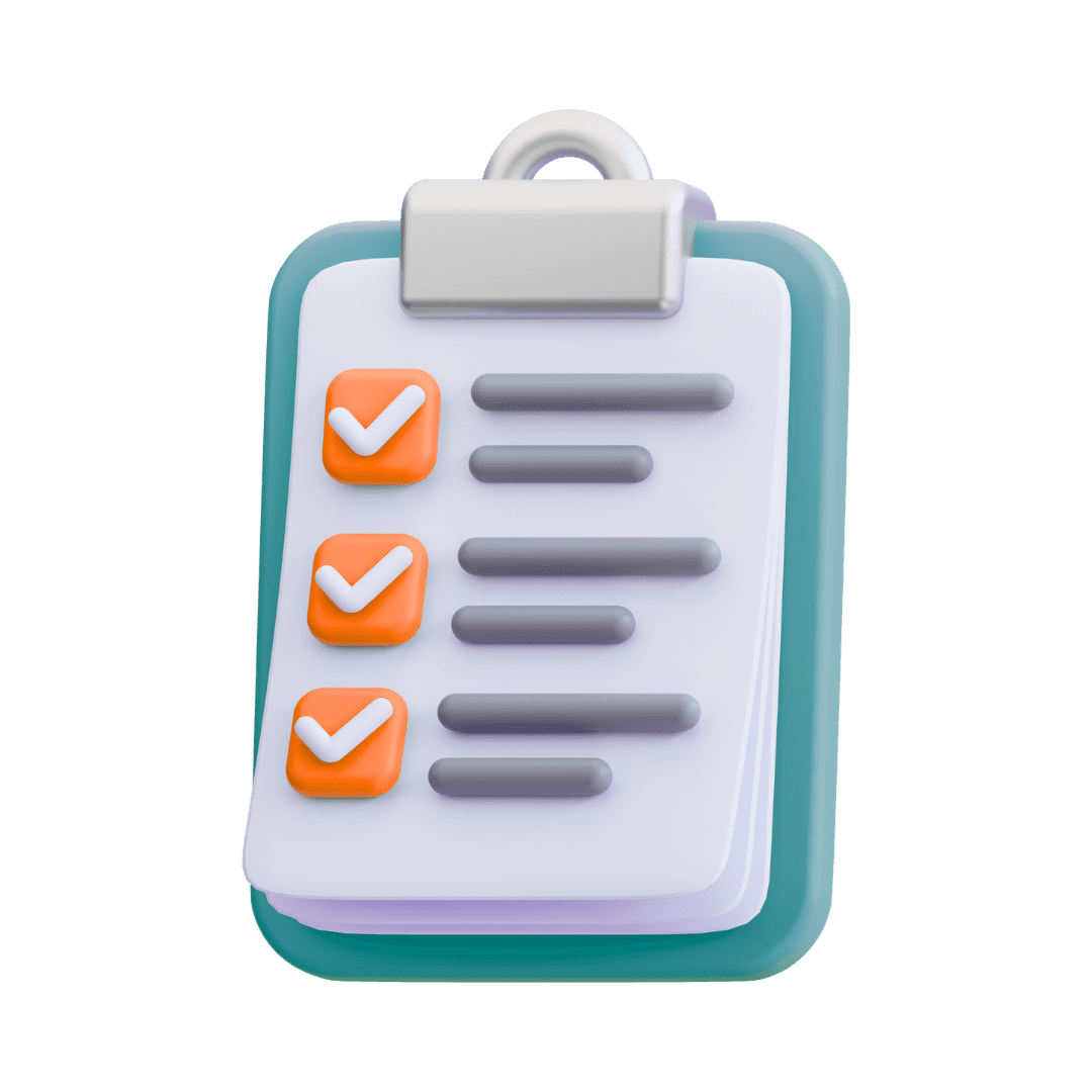 3D illustration of a clipboard with a checklist. A large red checkmark is ticked next to one of the items, conveying completion or approval.